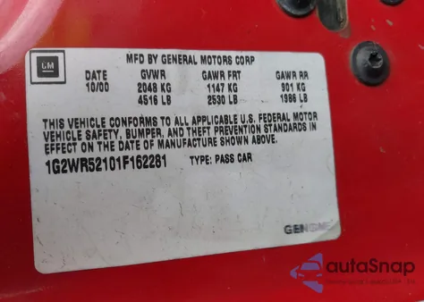 2001 Pontiac Grand Prix Gtp z USA, uszkodzony, nr VIN 1G2WR52101F162281